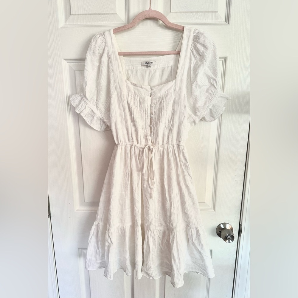 Madewell Puff Sleeve Drawstring Mini Dress, has pockets!